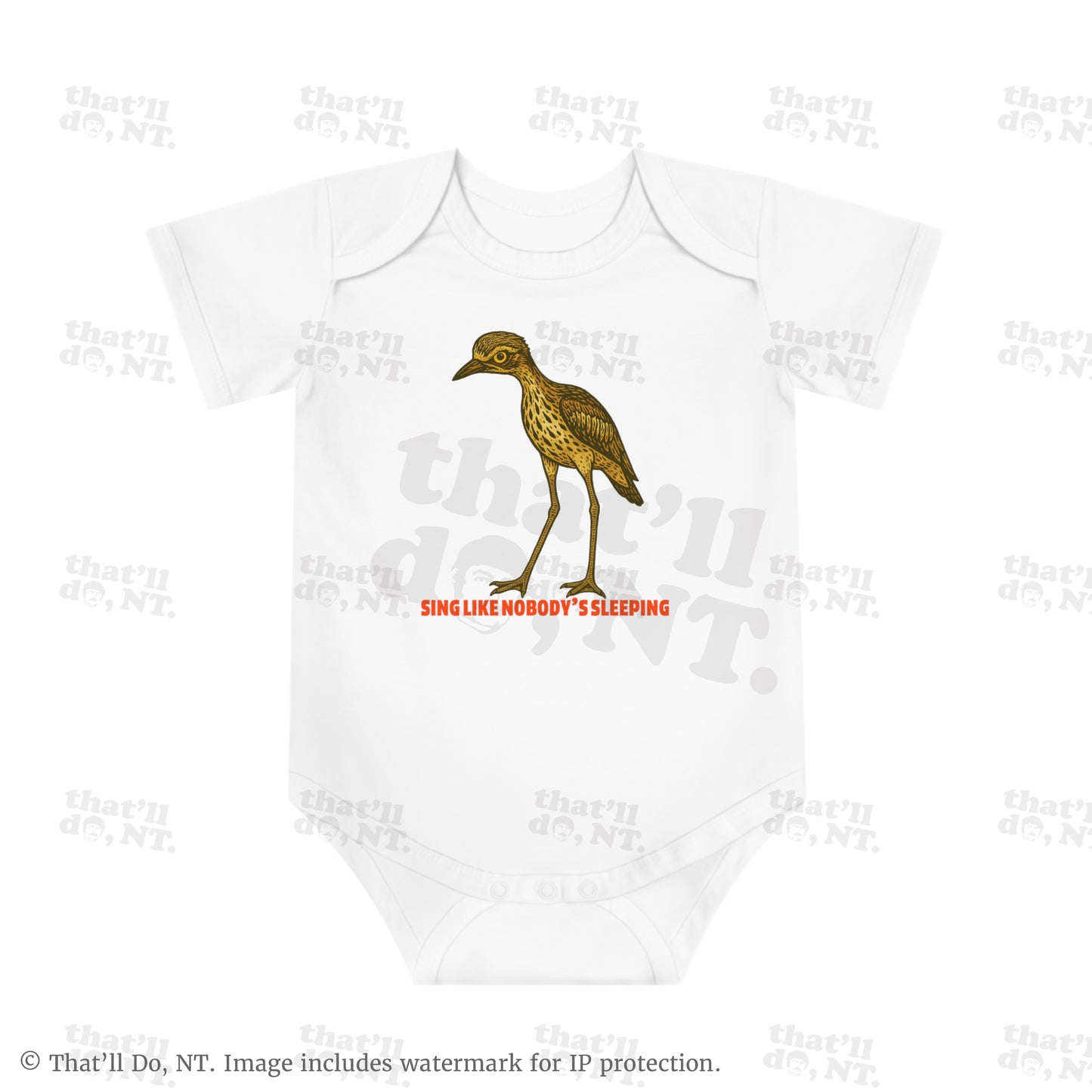 Curlew graphic baby jumpsuit with illustrated bush stone-curlew, Darwin NT