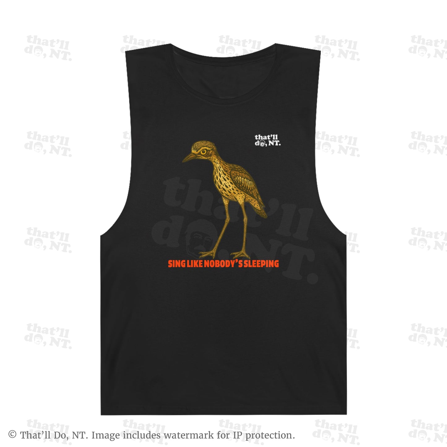 Curlew graphic tank with illustrated bush stone-curlew, Darwin NT