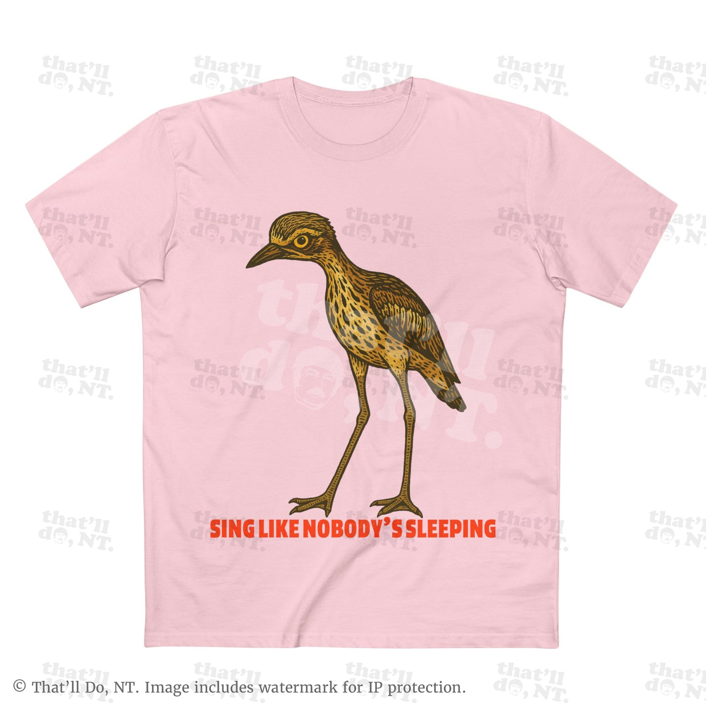 Curlew graphic tee with illustrated bush stone-curlew, Darwin NT