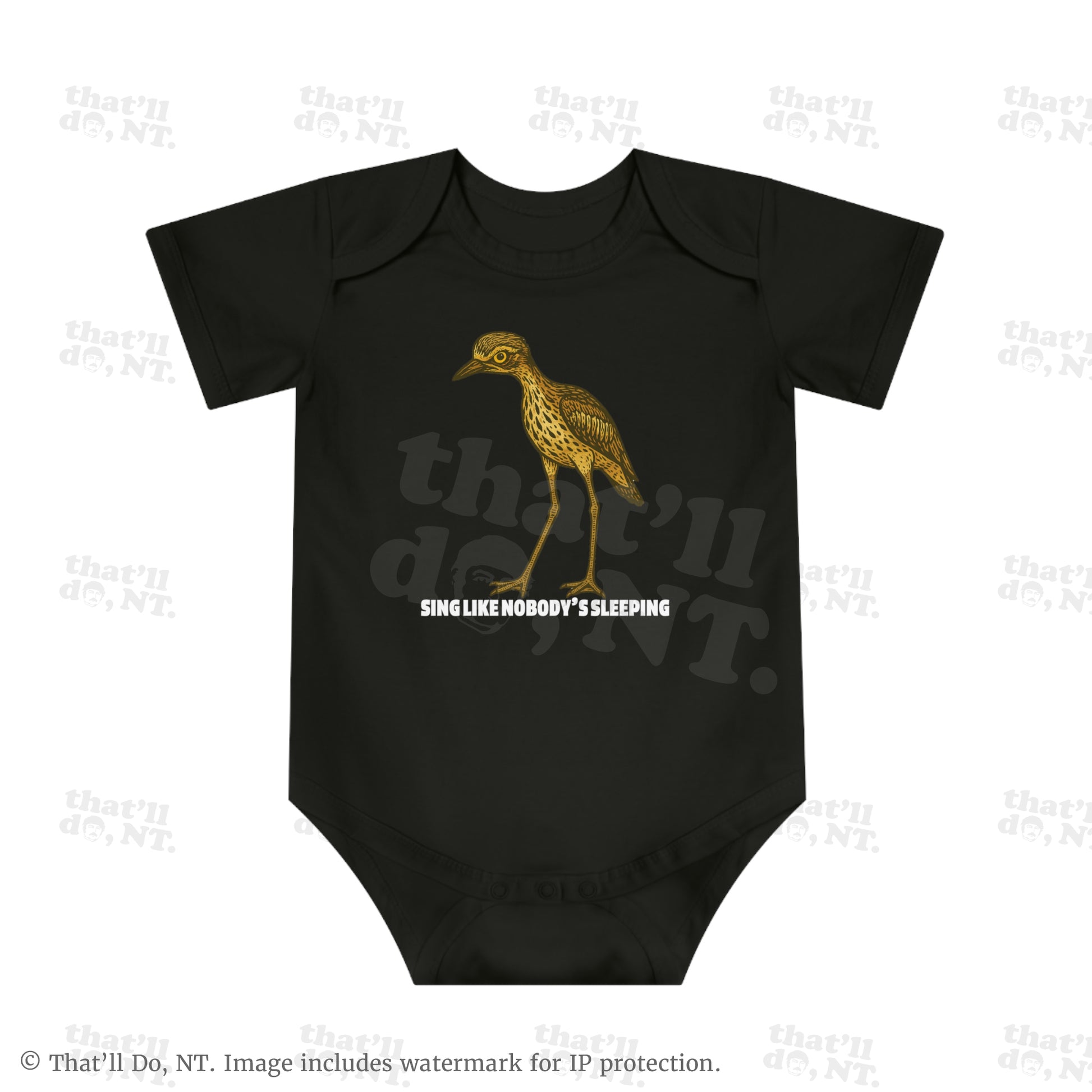 Curlew graphic baby jumpsuit with illustrated bush stone-curlew, Darwin NT