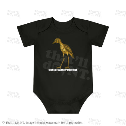 Curlew graphic baby jumpsuit with illustrated bush stone-curlew, Darwin NT