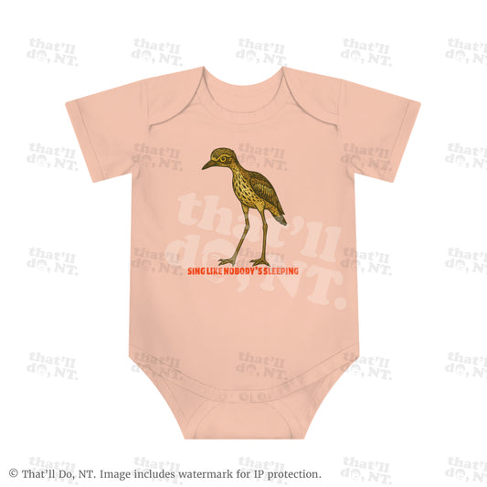 Curlew graphic baby jumpsuit with illustrated bush stone-curlew, Darwin NT