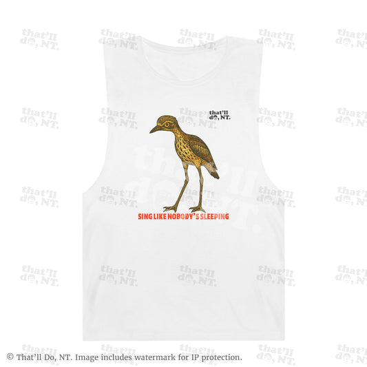 Curlew graphic tank with illustrated bush stone-curlew, Darwin NT