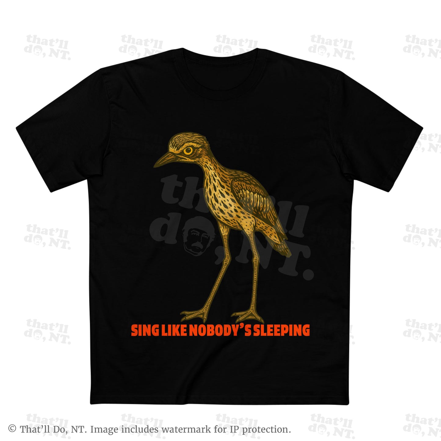 Curlew graphic tee with illustrated bush stone-curlew, Darwin NT