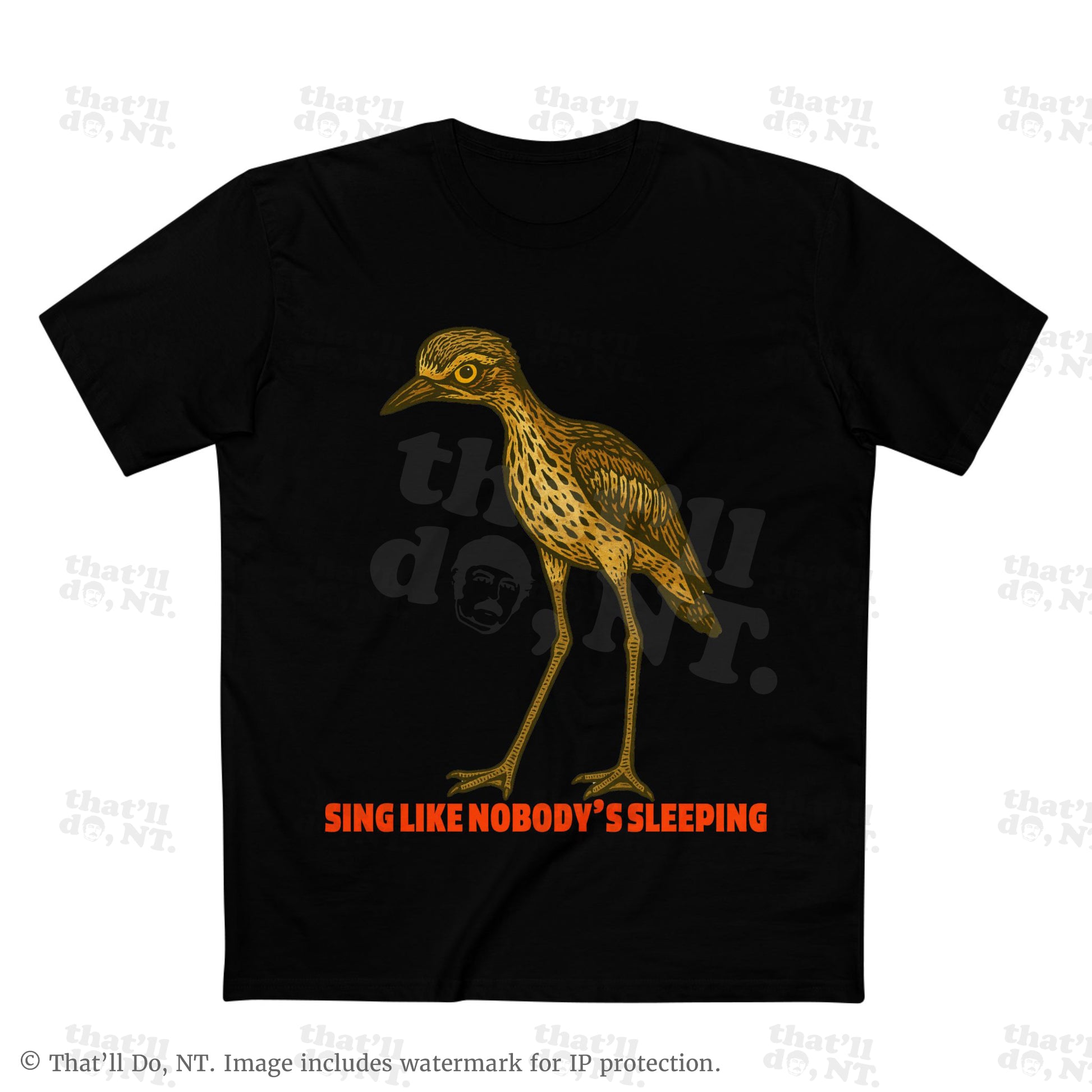 Curlew graphic tee with illustrated bush stone-curlew, Darwin NT
