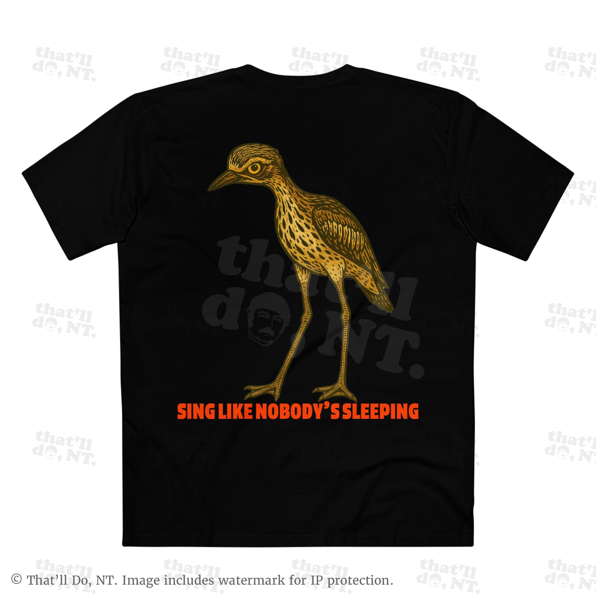 Curlew graphic tee with illustrated bush stone-curlew, Darwin NT