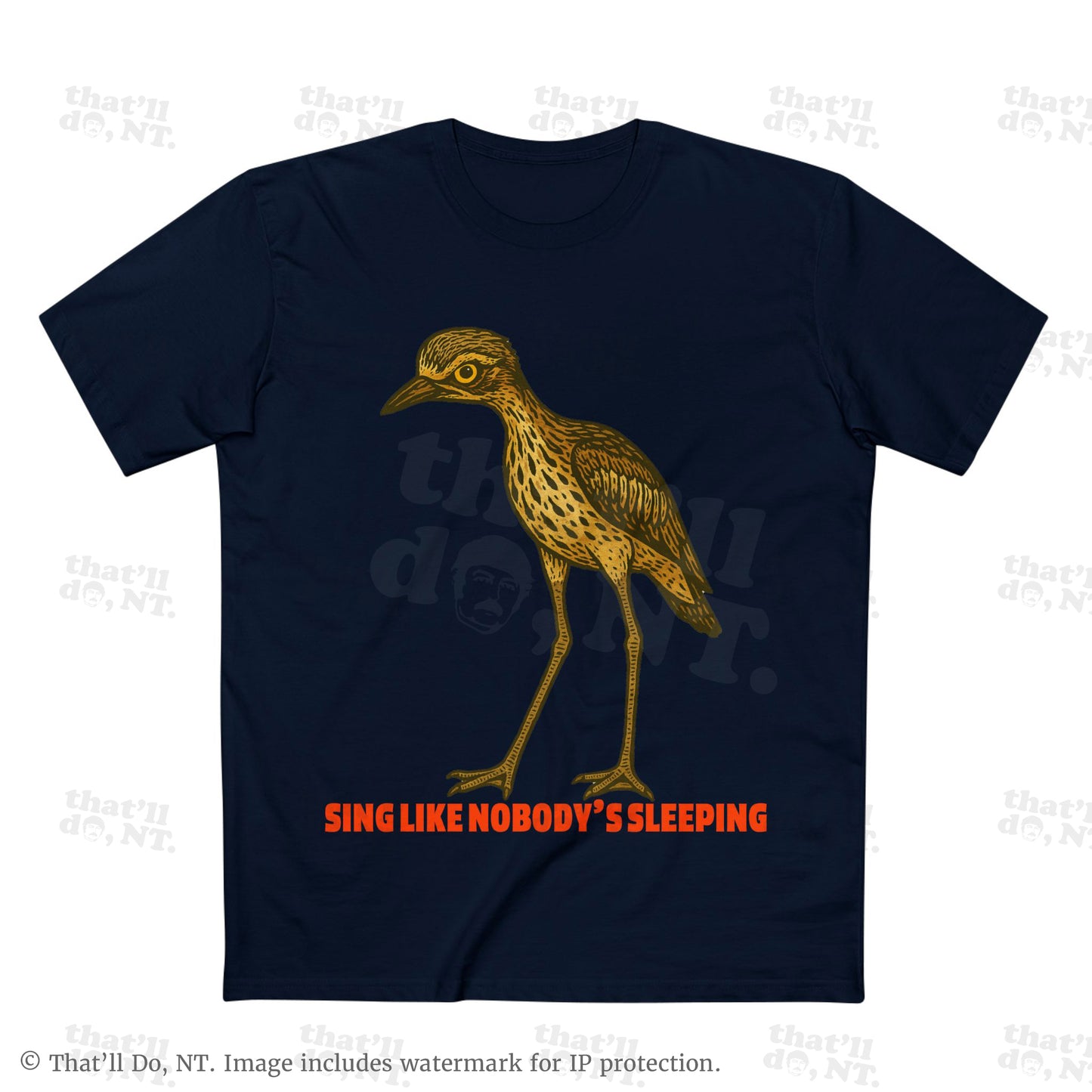 Curlew graphic tee with illustrated bush stone-curlew, Darwin NT