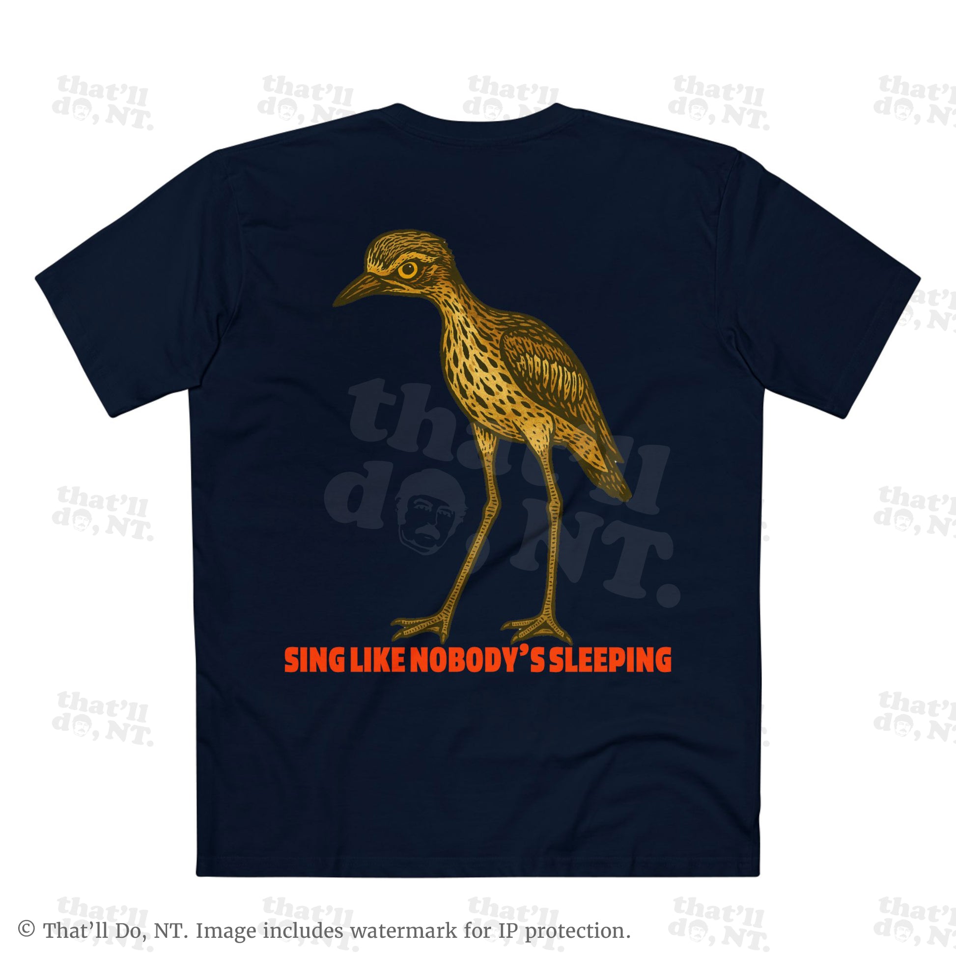 Curlew graphic tee with illustrated bush stone-curlew, Darwin NT