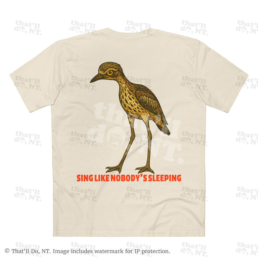 Curlew graphic tee with illustrated bush stone-curlew, Darwin NT