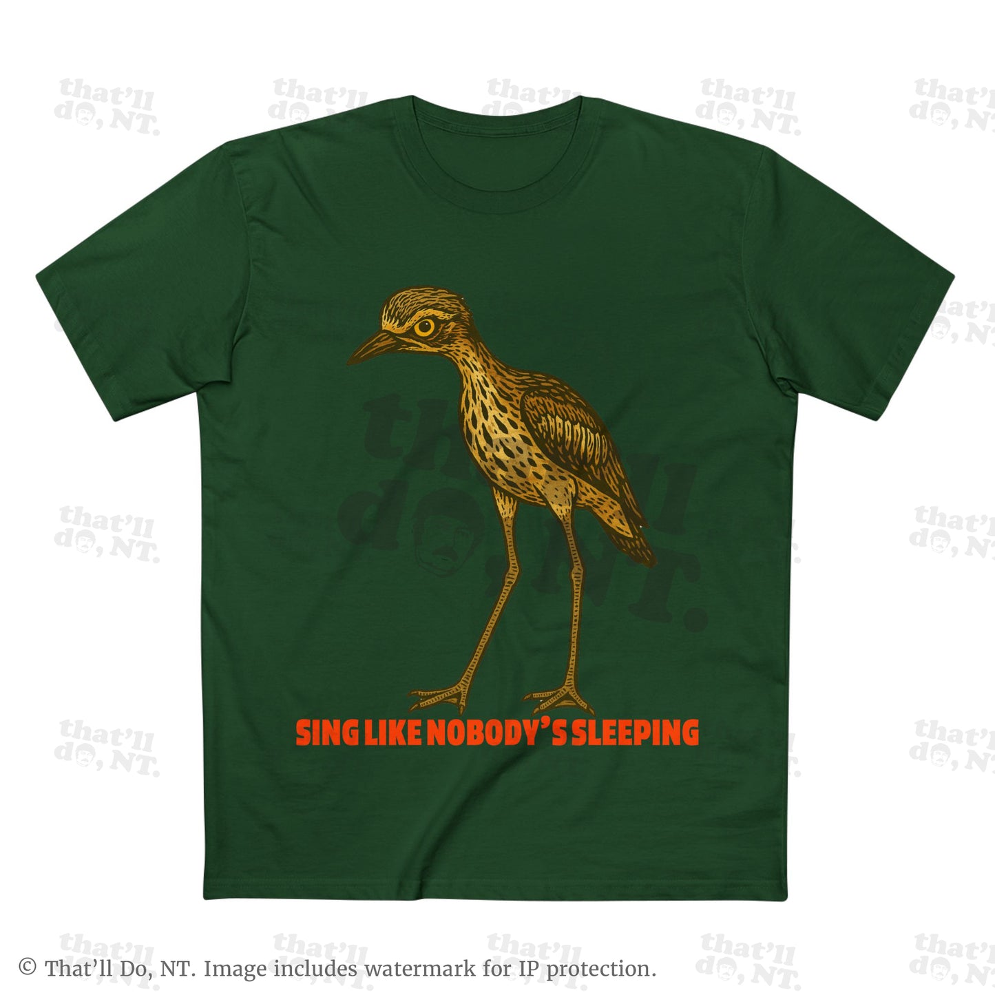 Curlew graphic tee with illustrated bush stone-curlew, Darwin NT