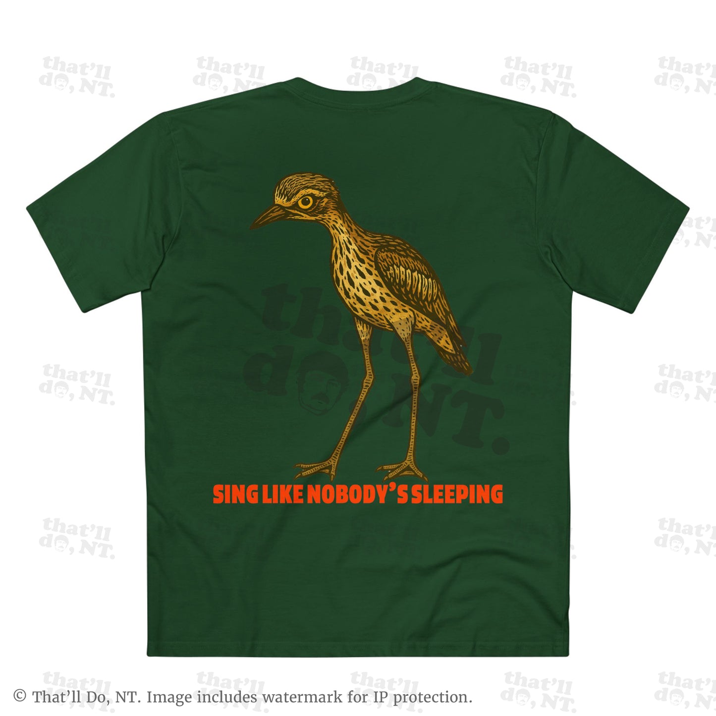 Curlew graphic tee with illustrated bush stone-curlew, Darwin NT