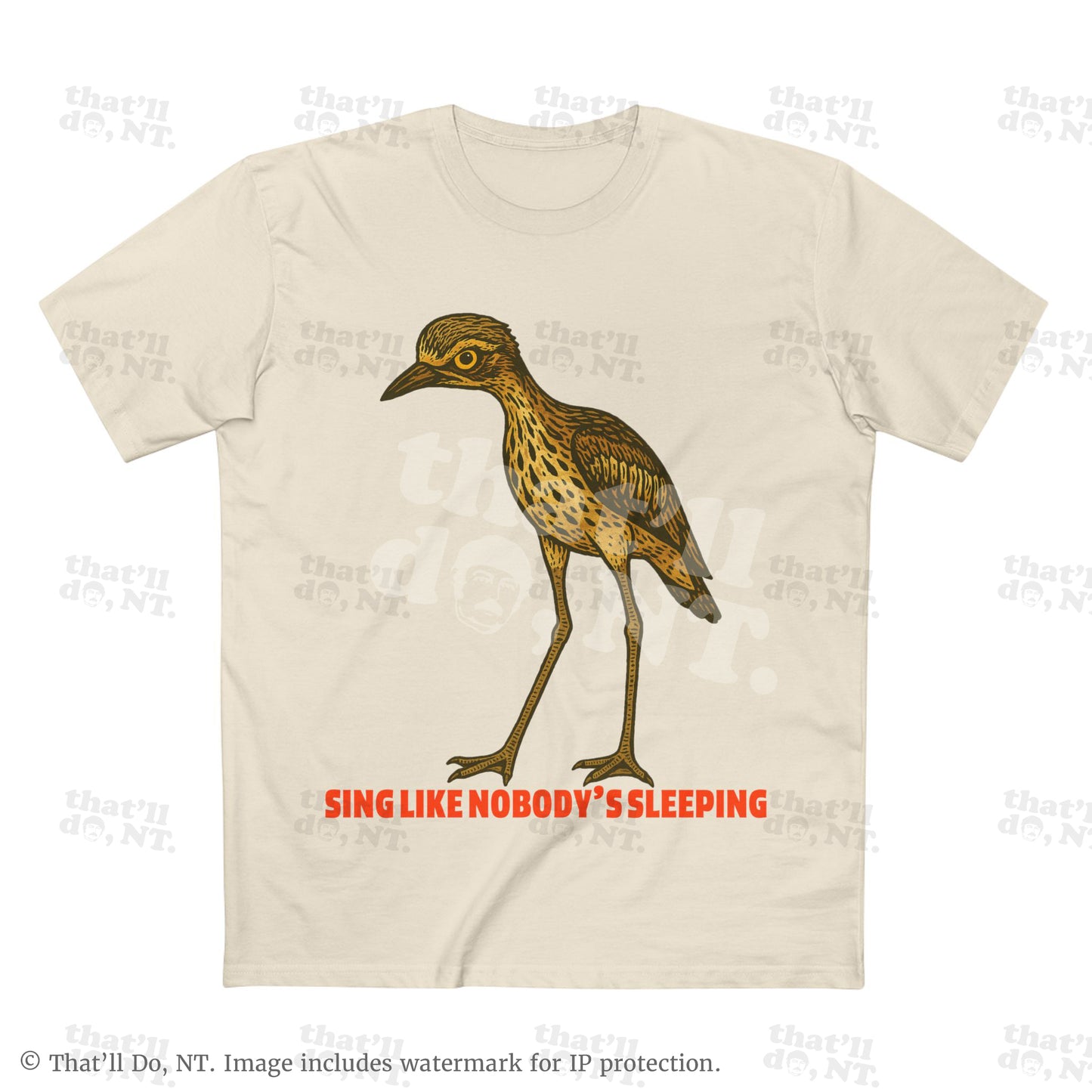 Curlew graphic tee with illustrated bush stone-curlew, Darwin NT