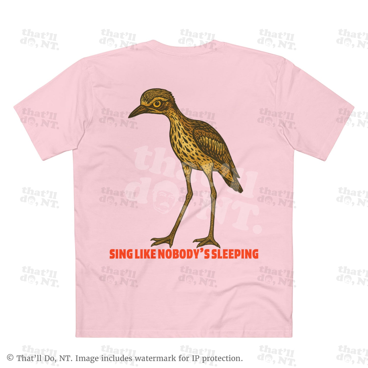 Curlew graphic tee with illustrated bush stone-curlew, Darwin NT