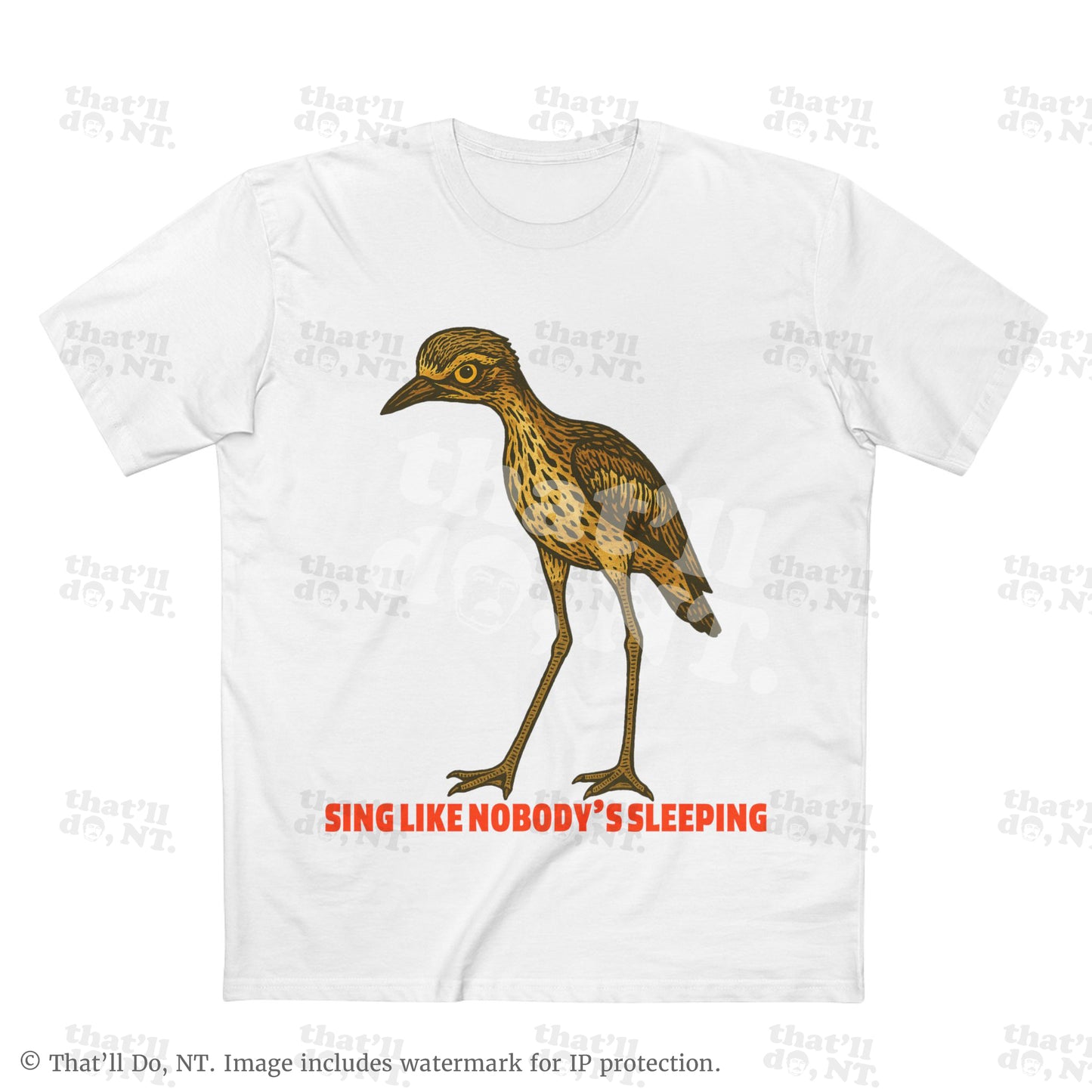 Curlew graphic tee with illustrated bush stone-curlew, Darwin NT