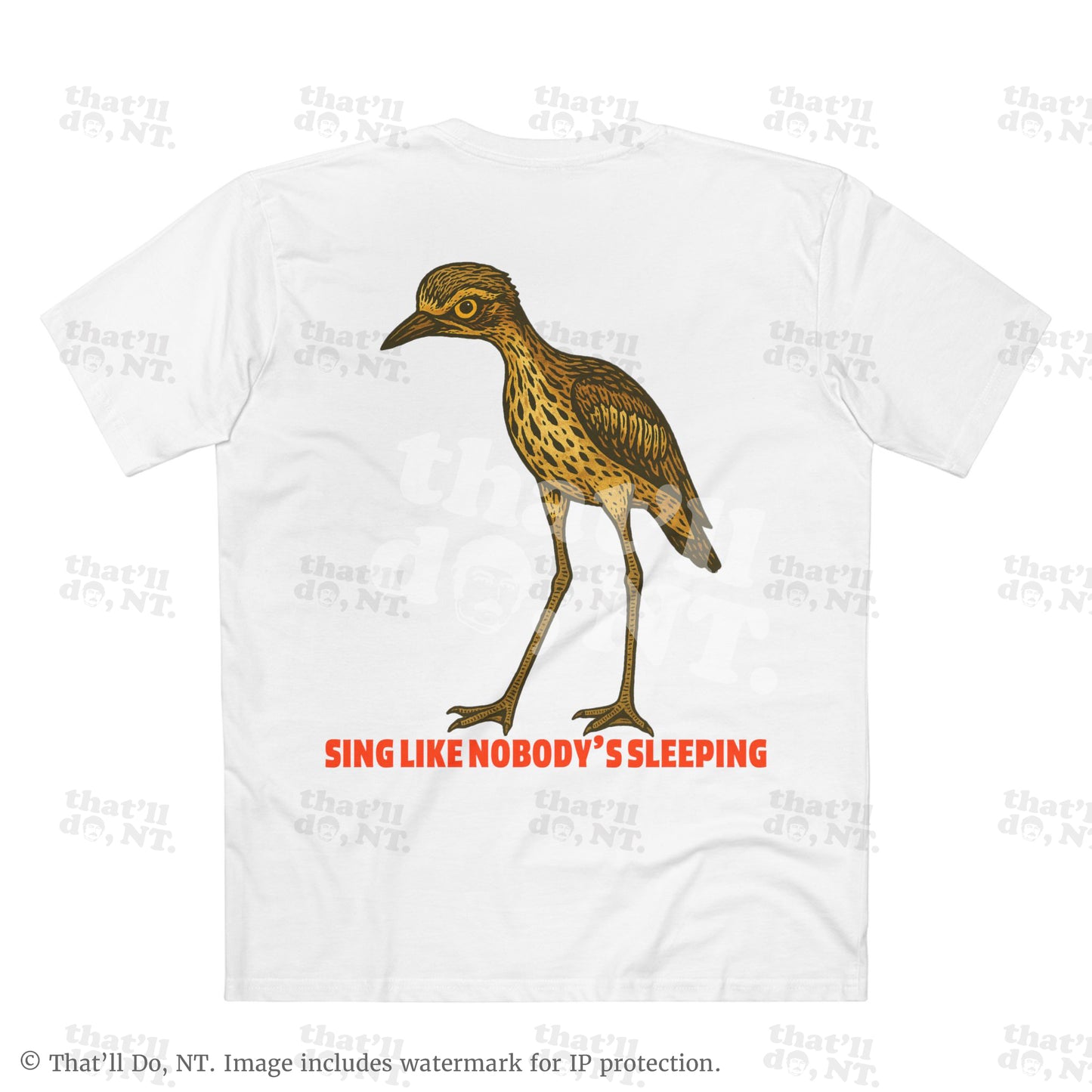 Curlew graphic tee with illustrated bush stone-curlew, Darwin NT