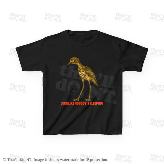 Curlew kids graphic tee with illustrated bush stone-curlew, Darwin NT