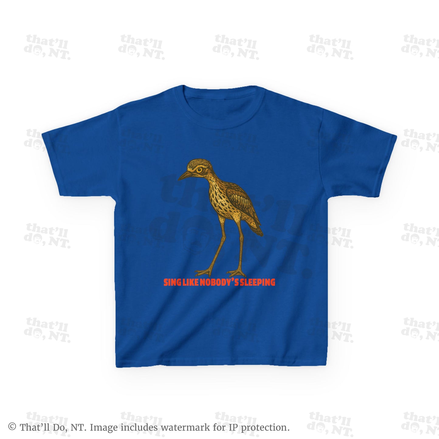 Curlew kids graphic tee with illustrated bush stone-curlew, Darwin NT