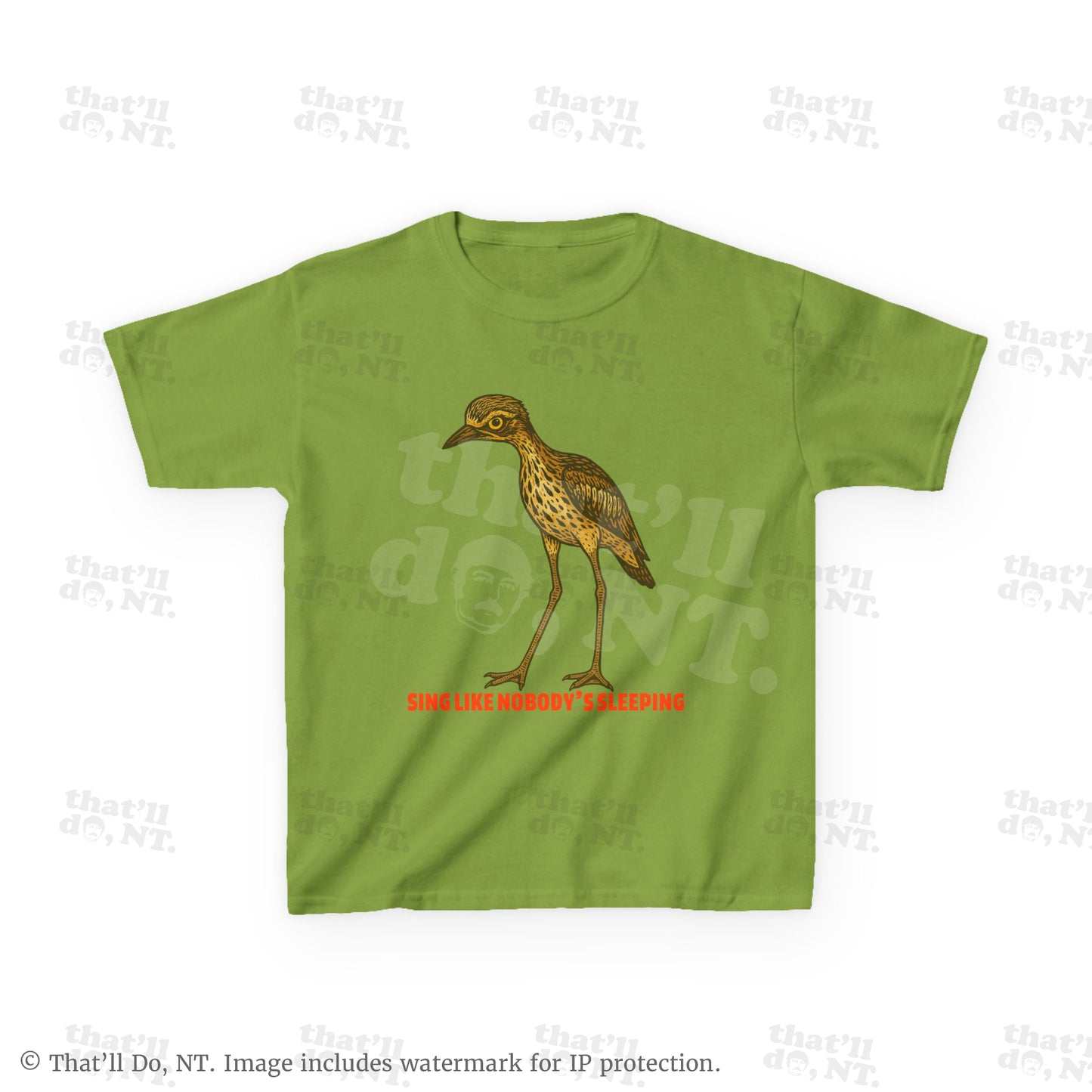 Curlew kids graphic tee with illustrated bush stone-curlew, Darwin NT