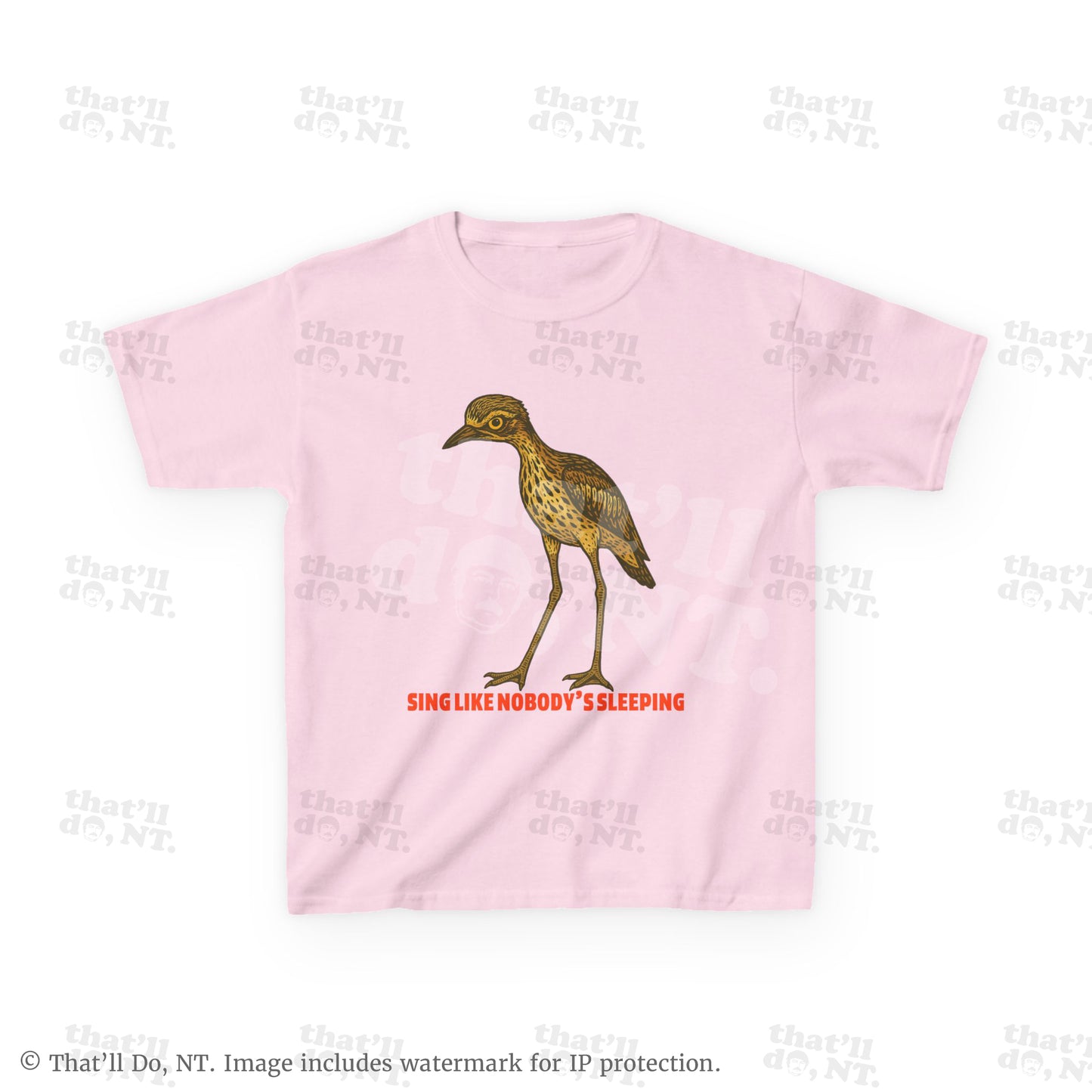Curlew kids graphic tee with illustrated bush stone-curlew, Darwin NT