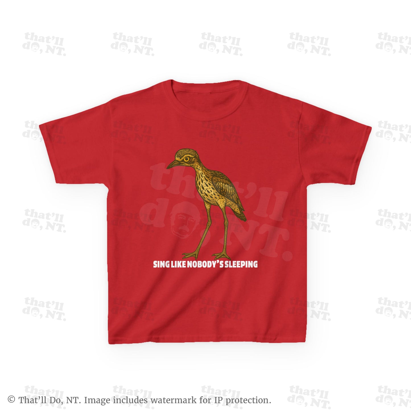 Curlew kids graphic tee with illustrated bush stone-curlew, Darwin NT
