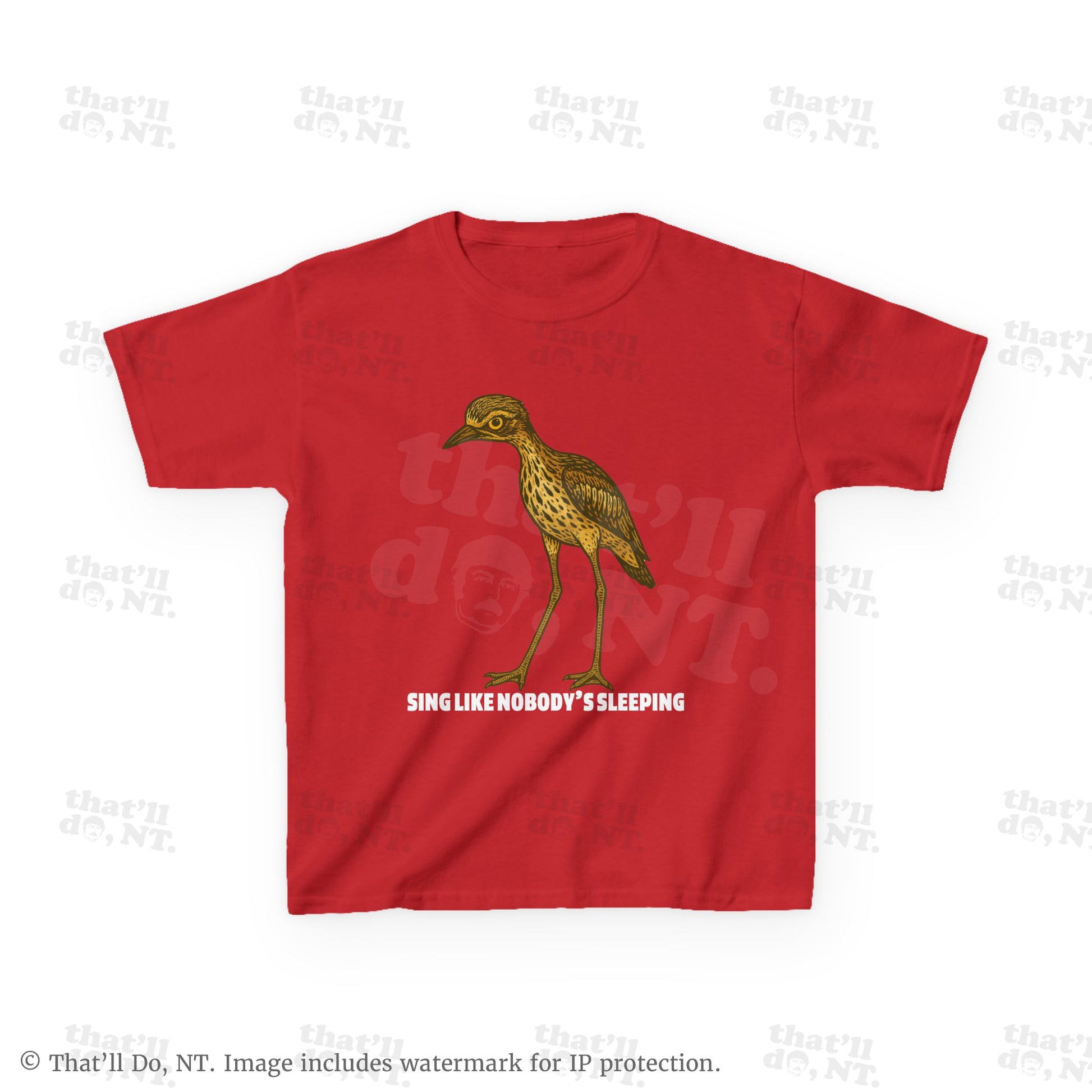Curlew kids graphic tee with illustrated bush stone-curlew, Darwin NT