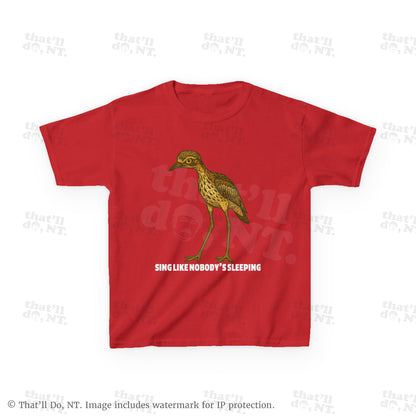 Curlew kids graphic tee with illustrated bush stone-curlew, Darwin NT