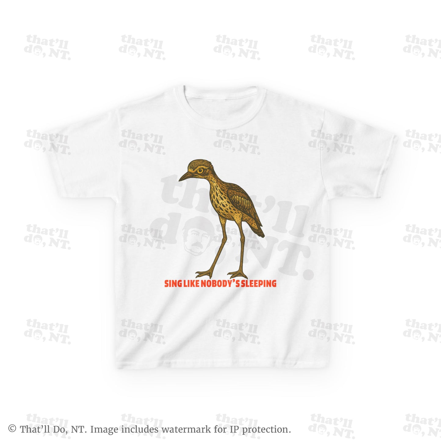 Curlew kids graphic tee with illustrated bush stone-curlew, Darwin NT